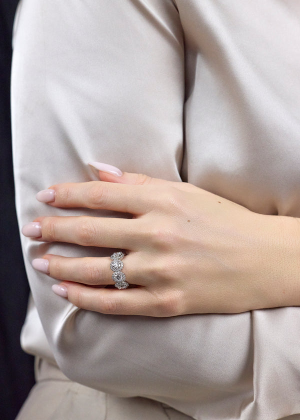 4.62 Carat Round Cut Diamond Halo Eight-Stone Eternity Wedding Band in Platinum