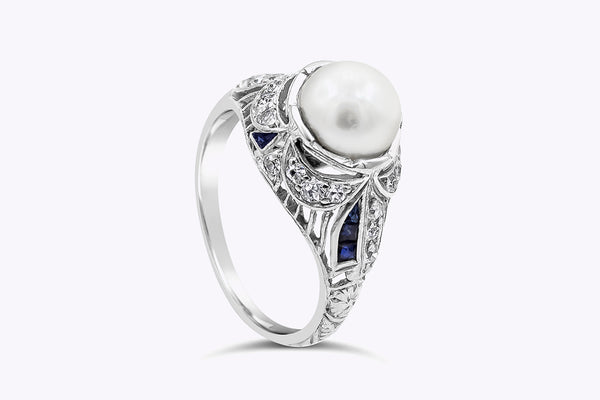 Pearl and Round Diamond with Blue Sapphire Art Deco Antique Ring in Platinum