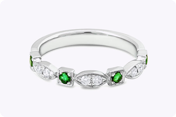 0.30 Carat Total Emerald and Diamond Antique Style Wedding Band Ring in White Gold