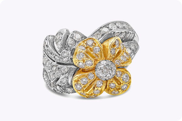 1.09 Carats Total Round Brilliant Cut Diamond Flower Fashion Ring in Yellow Gold