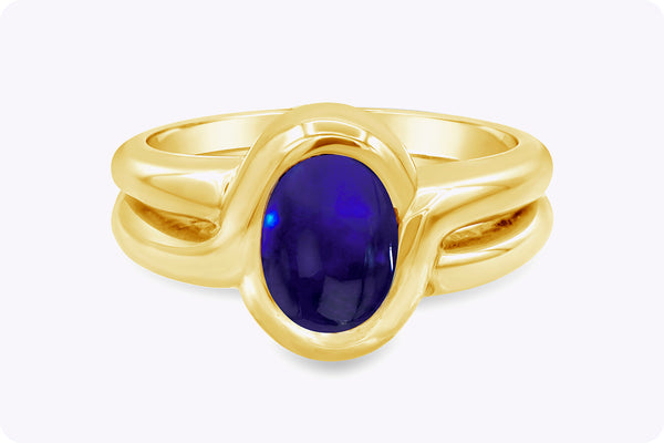 2.50 Carats Oval Cut Cabochon Sapphire Double Shank Fashion Ring in Yellow Gold