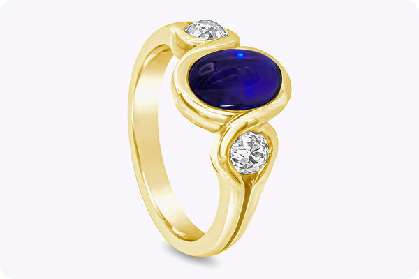 2.50 Carat Cabochon Sapphire and Diamond Three Stone Fashion Ring in Yellow Gold