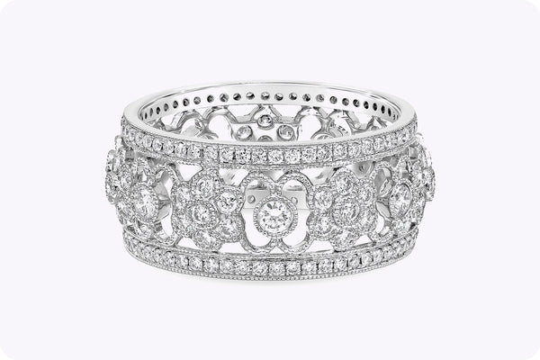 1.12 Carats Total Brilliant Round Diamond Open-Work Floral Wedding Band in White Gold