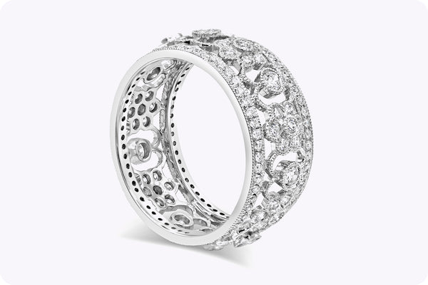 1.12 Carats Total Brilliant Round Diamond Open-Work Floral Wedding Band in White Gold