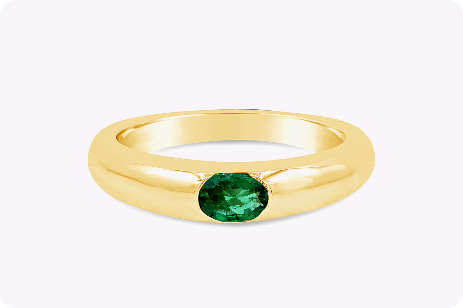 0.35 Carats Total Oval Cut Green Emerald Solitaire Wedding Band in Yellow Gold