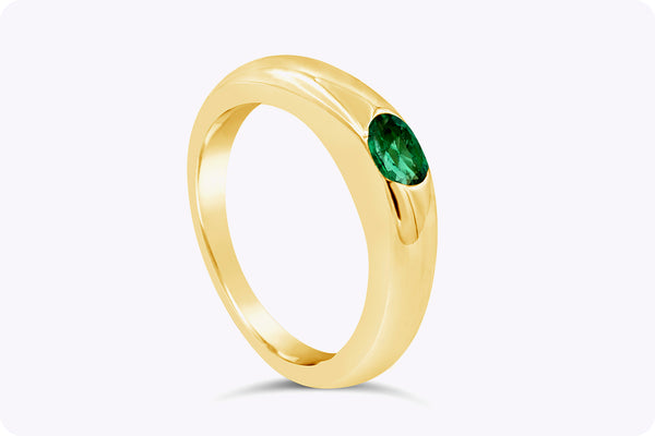 0.35 Carats Total Oval Cut Green Emerald Solitaire Wedding Band in Yellow Gold