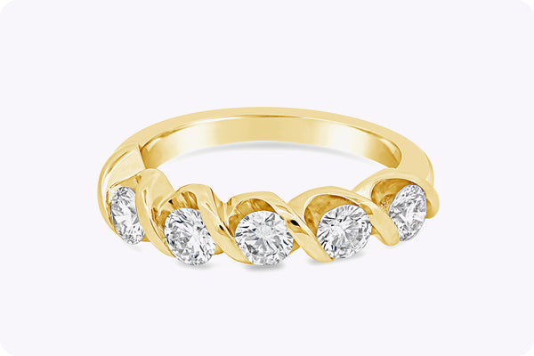 1.01 Carats Total Round Diamond Five-Stone Twisting Wedding Band in Yellow Gold