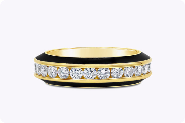 1.55 Carats Total Round Cut Diamonds & Black Enamel Eternity Wedding Band in Yellow Gold