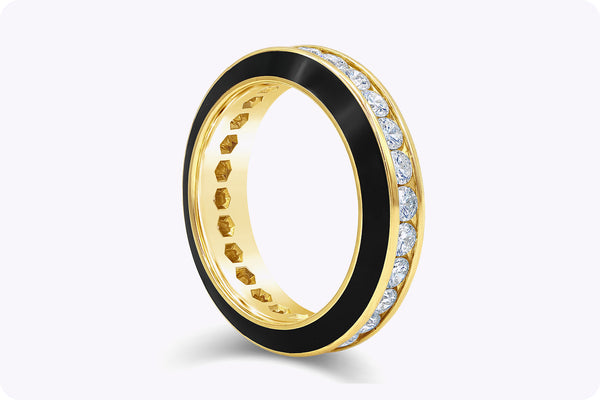 1.55 Carats Total Round Cut Diamonds & Black Enamel Eternity Wedding Band in Yellow Gold