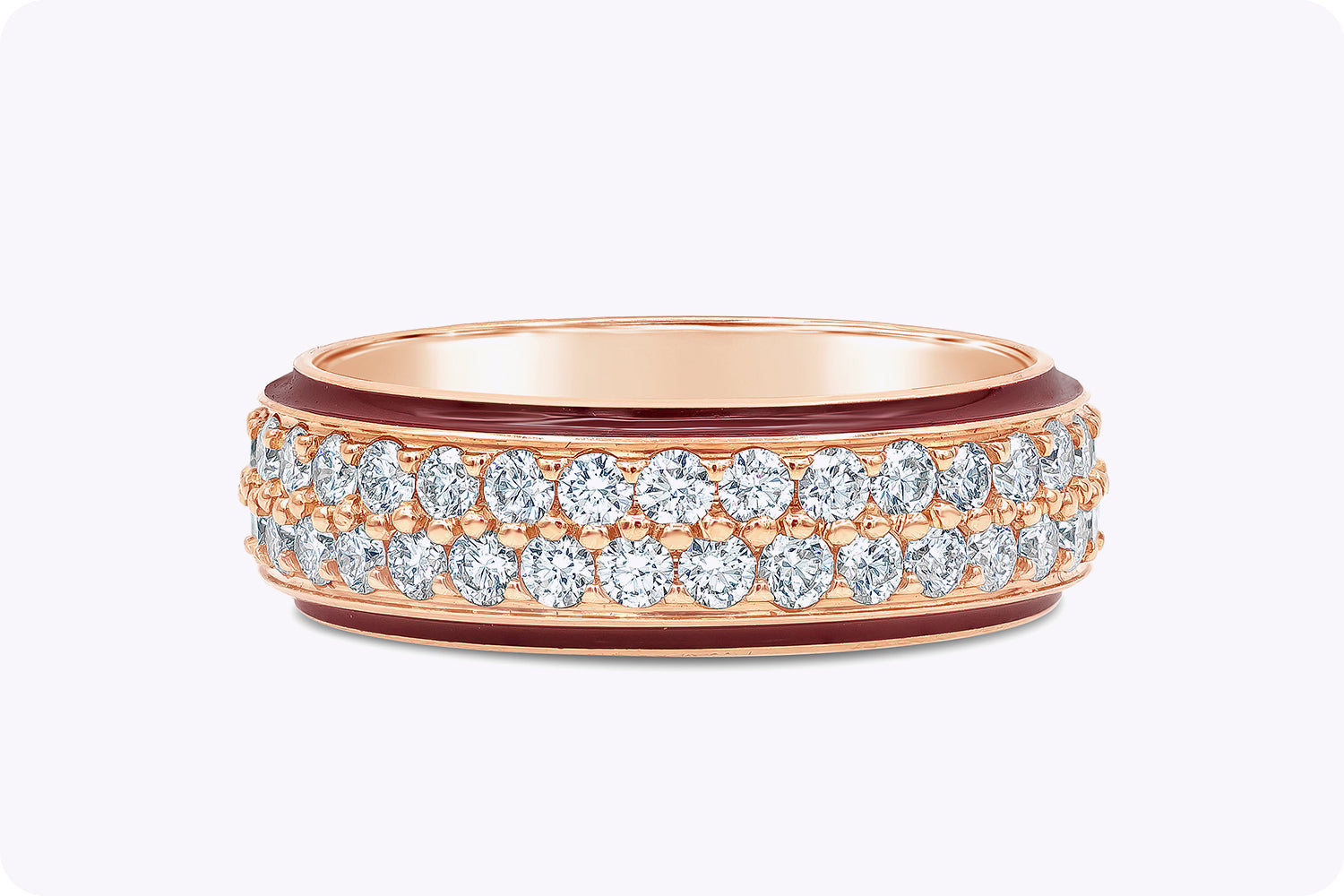 1.53 Carat Round Diamond Two-Row Red Enamel Wedding Band Ring in Rose Gold