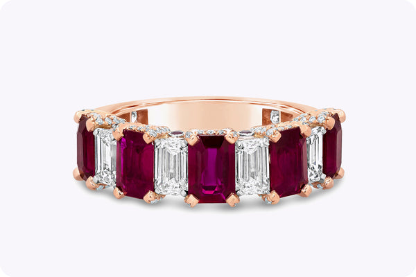 4.82 Carat Total Alternating Ruby and Diamond Half Eternity Wedding Band Ring in Rose Gold