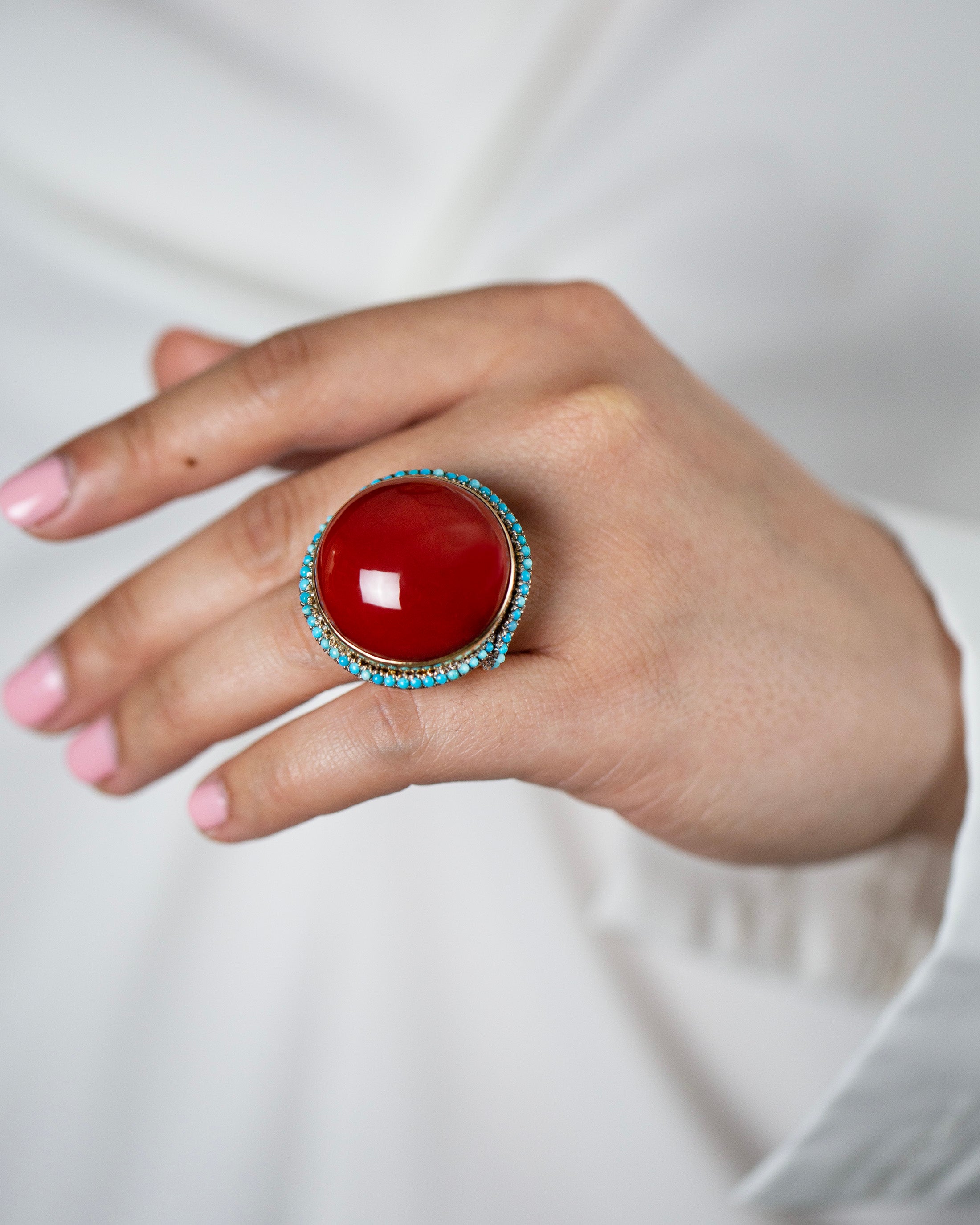 Natural Round Cabochon Red Coral & Turquoise Halo Cocktail Ring in Yellow Gold