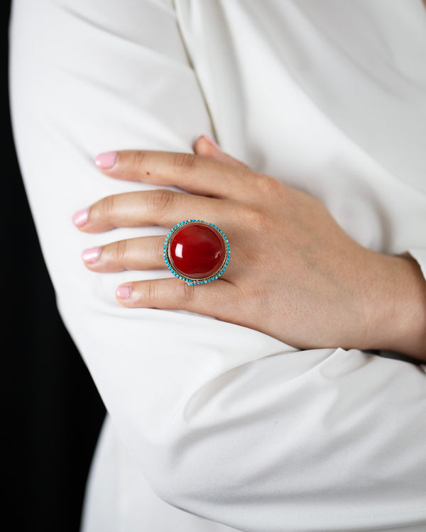 Natural Round Cabochon Red Coral & Turquoise Halo Cocktail Ring in Yellow Gold