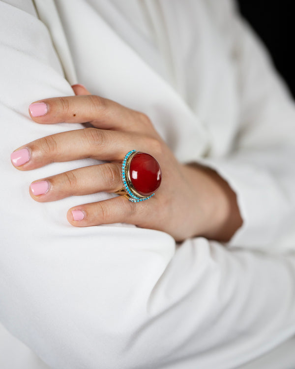 Natural Round Cabochon Red Coral & Turquoise Halo Cocktail Ring in Yellow Gold