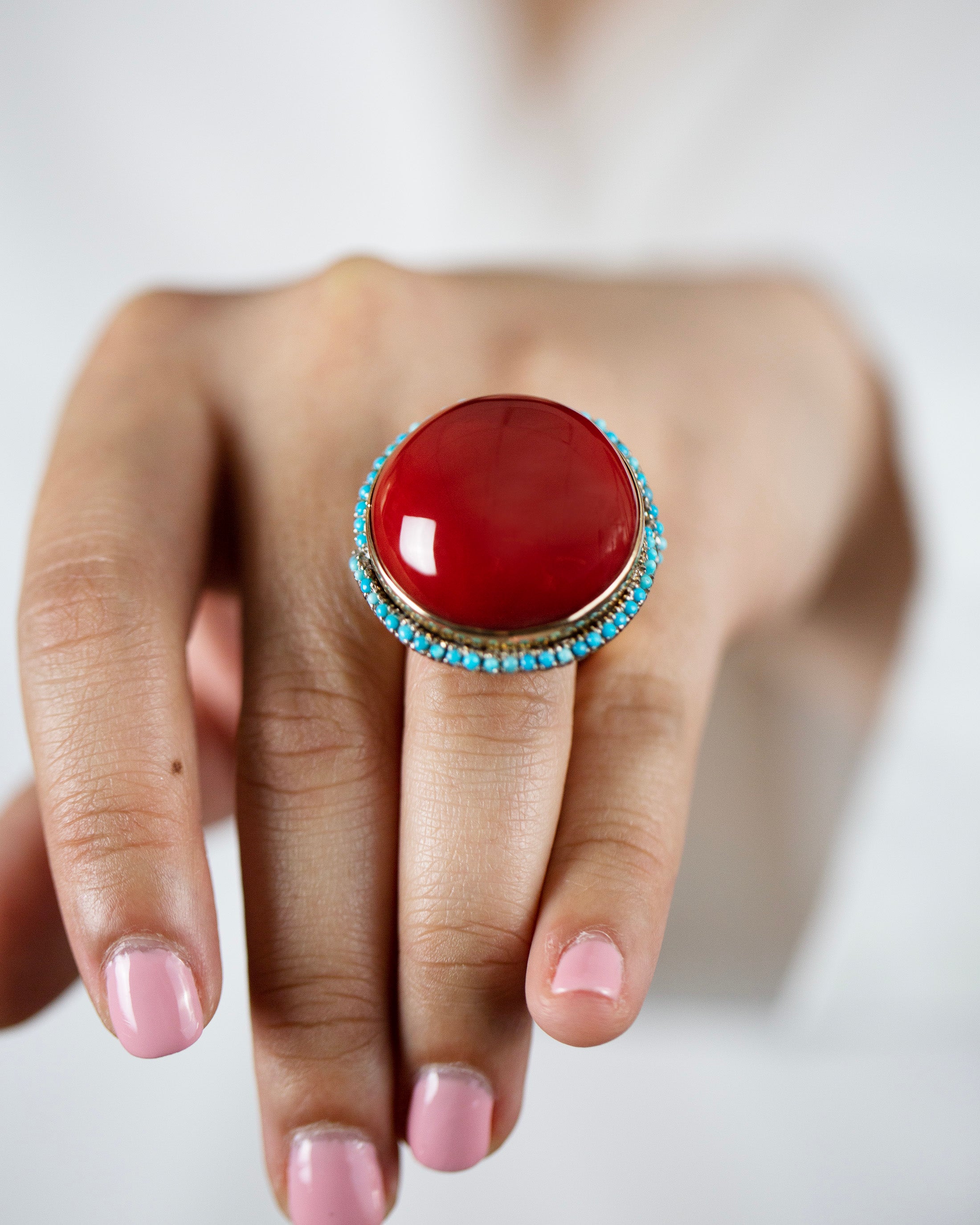 Natural Round Cabochon Red Coral & Turquoise Halo Cocktail Ring in Yellow Gold