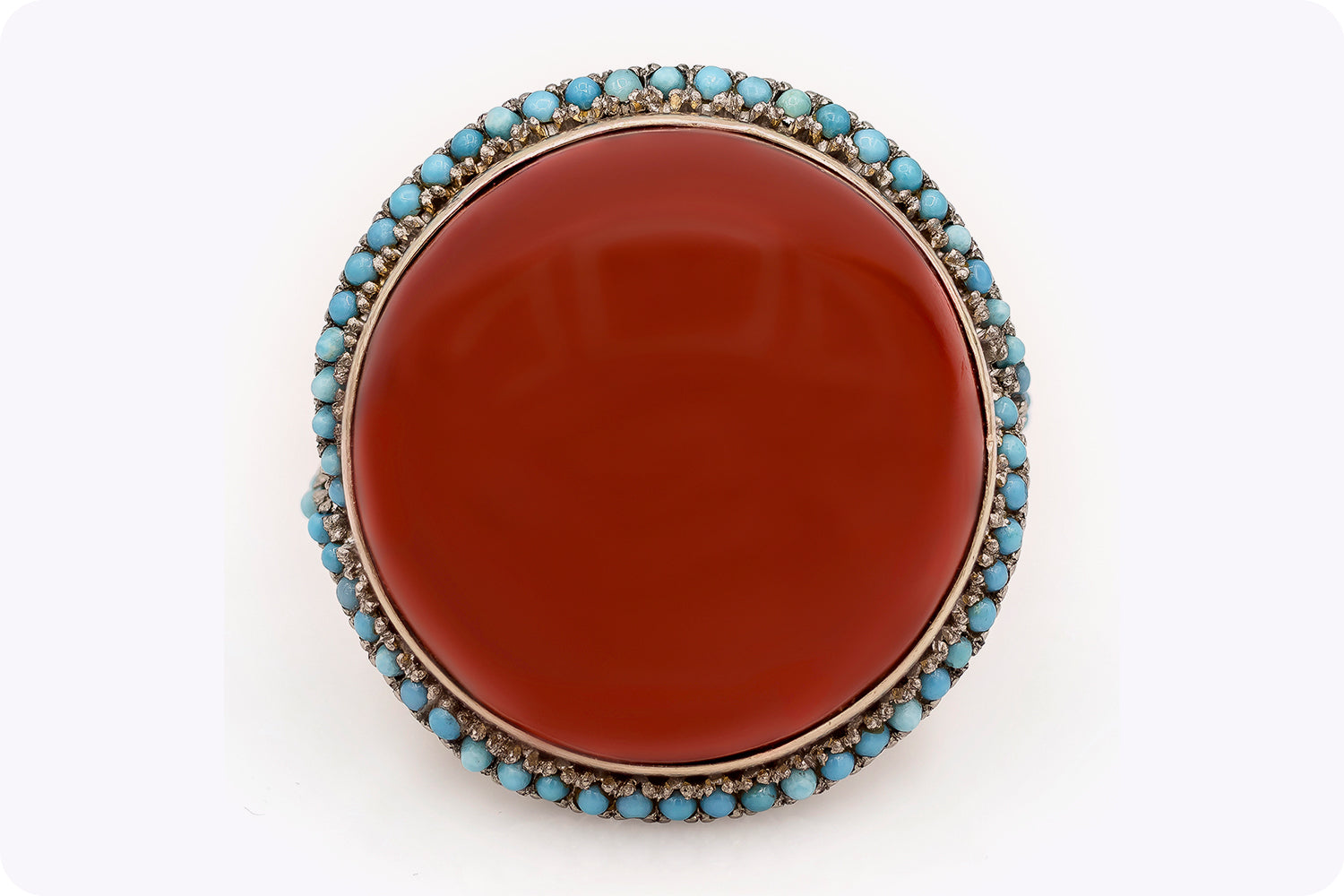 Natural Round Cabochon Red Coral & Turquoise Halo Cocktail Ring in Yellow Gold