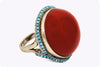 Natural Round Cabochon Red Coral & Turquoise Halo Cocktail Ring in Yellow Gold