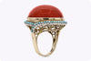 Natural Round Cabochon Red Coral & Turquoise Halo Cocktail Ring in Yellow Gold