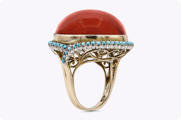 Natural Round Cabochon Red Coral & Turquoise Halo Cocktail Ring in Yellow Gold