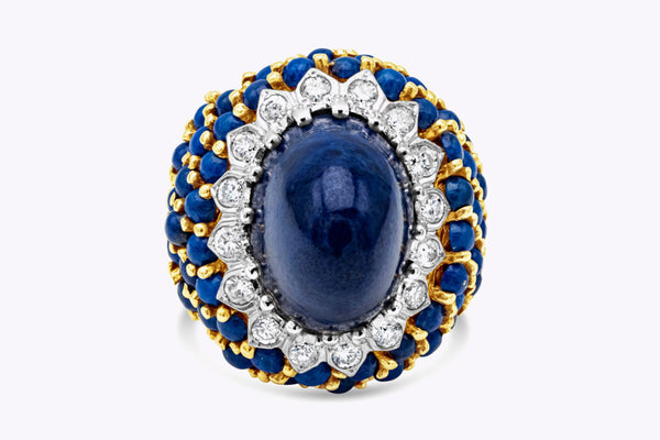 Vintage Lapis Lazuli Blue Cabochon & Diamond High Dome Cocktail Ring in Yellow Gold