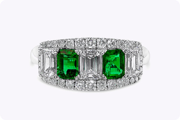 2.35 Carats Total Alternating Green Emerald and Diamond Five-Stone Halo Wedding Band in Platinum