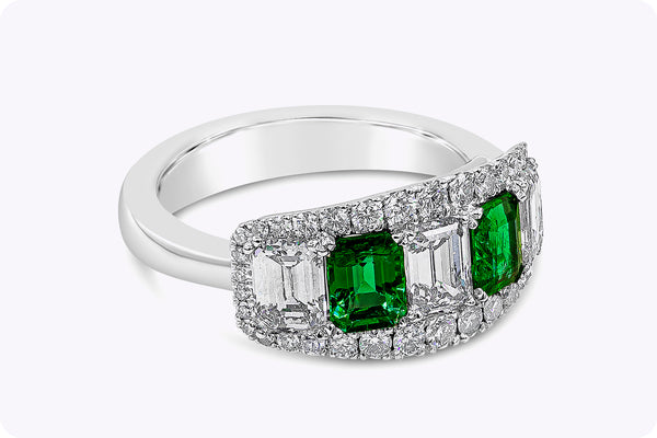 2.35 Carats Total Alternating Green Emerald and Diamond Five-Stone Halo Wedding Band in Platinum