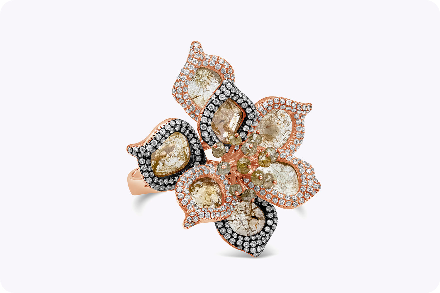 4.79 Carats Total Diamond Sliced Flower Motif Fashion Ring in Rose Gold