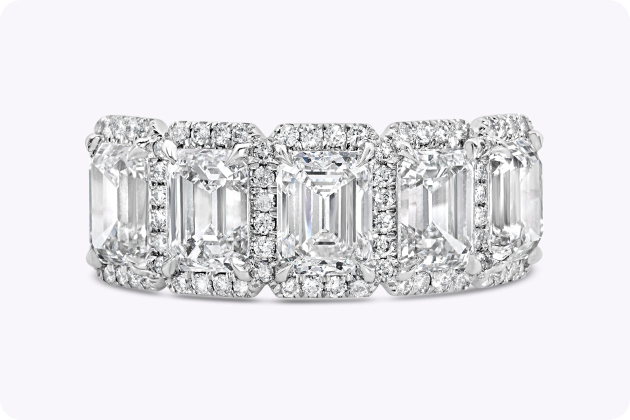 3.94 Carats Total Emerald Cut Diamond Halo Five-Stone Wedding Band in Platinum