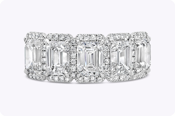 3.94 Carats Total Emerald Cut Diamond Halo Five-Stone Wedding Band in Platinum