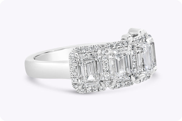 3.94 Carats Total Emerald Cut Diamond Halo Five-Stone Wedding Band in Platinum