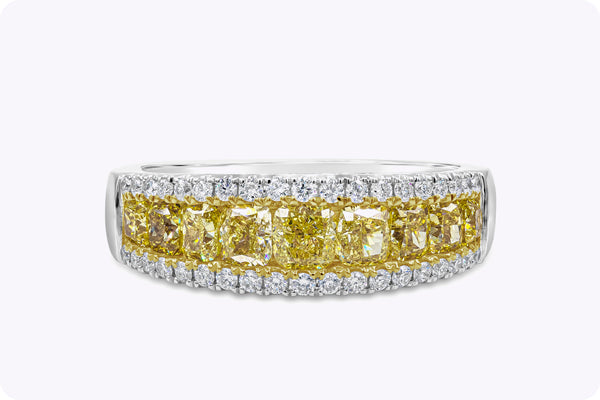 1.60 Carats Cushion Cut Yellow Diamond Wedding Band in White Gold & Yellow Gold