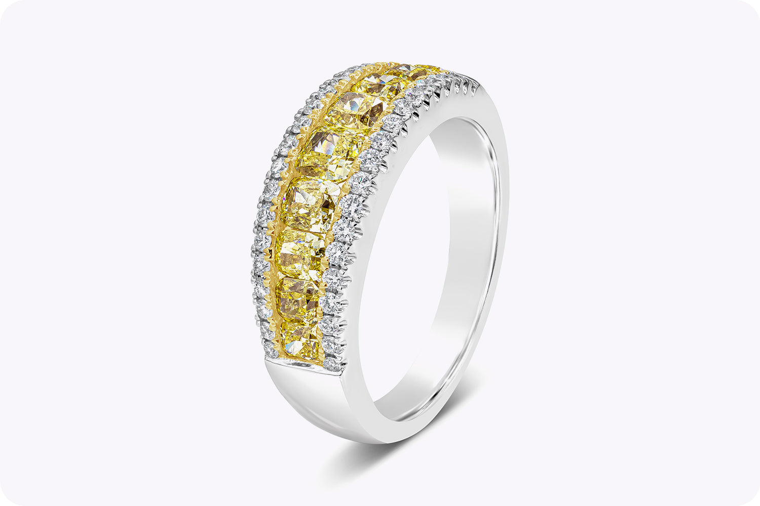 1.60 Carats Cushion Cut Yellow Diamond Wedding Band in White Gold & Yellow Gold