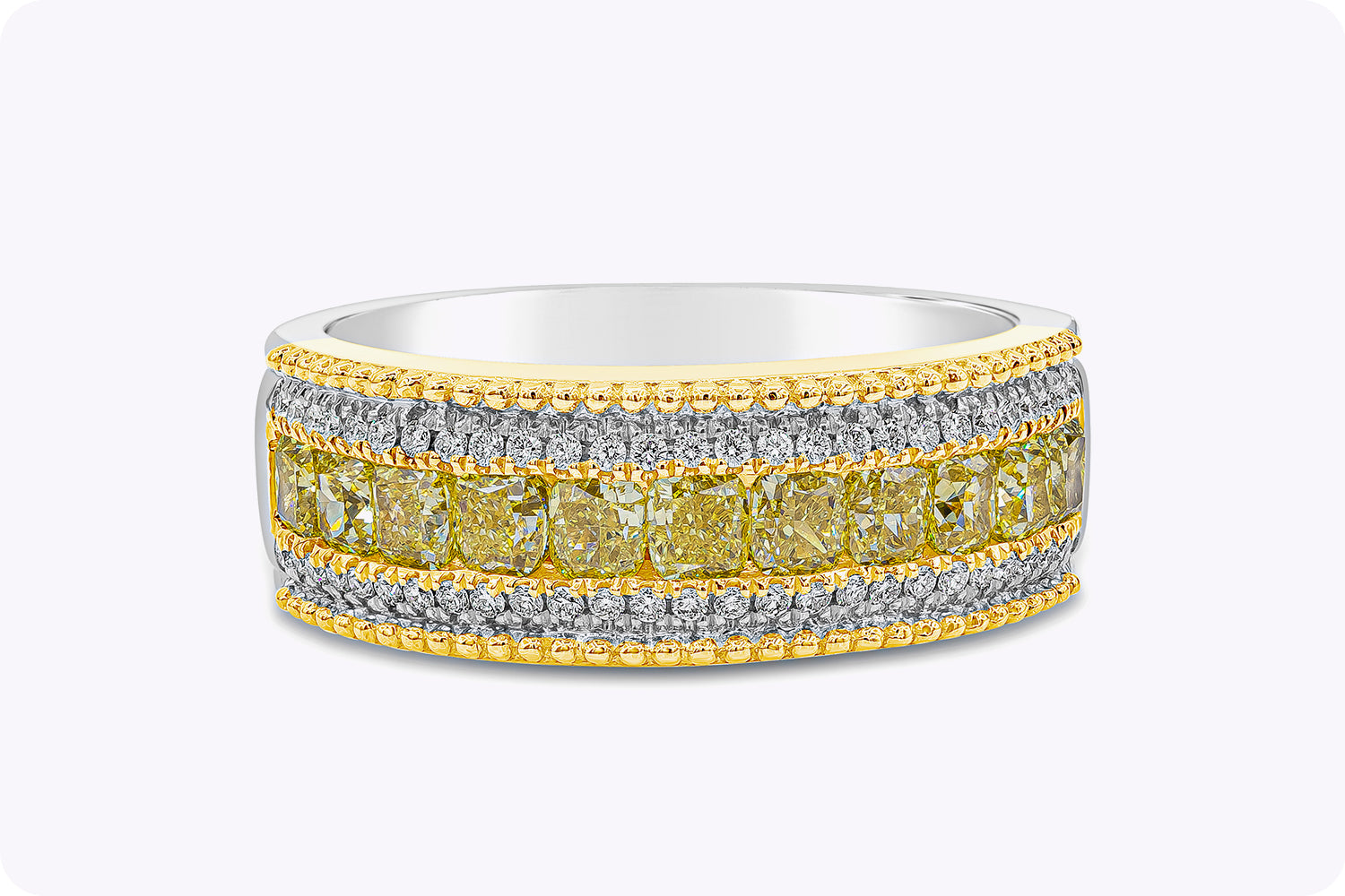 1.42 Carat Cushion Cut Fancy Yellow with White Diamonds Wedding Band Ring in White Gold & Yellow Gold