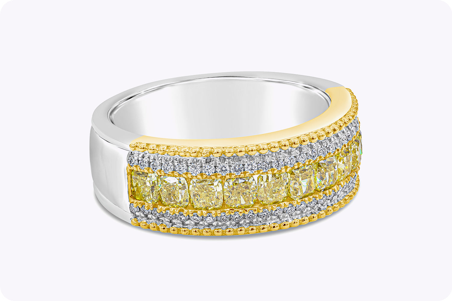 1.42 Carat Cushion Cut Fancy Yellow with White Diamonds Wedding Band Ring in White Gold & Yellow Gold