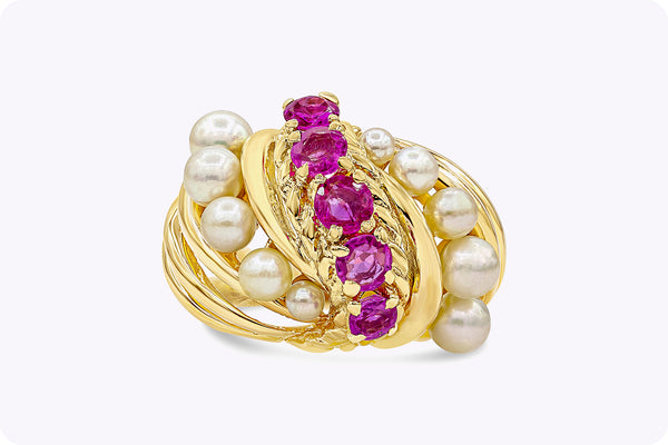 1.01 Carats Total Pink Sapphire and pearl Dome Cocktail Ring in Yellow Gold