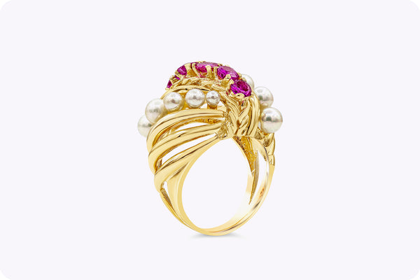 1.01 Carats Total Pink Sapphire and pearl Dome Cocktail Ring in Yellow Gold