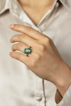 1.05 Carat Total Pear Shape Diamond and Emerald Cut Green Emerald Fashion Ring in White Gold