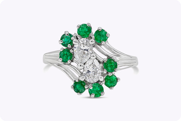 1.05 Carats Total Pear Shape Diamond & Emerald Fashion Ring in White Gold