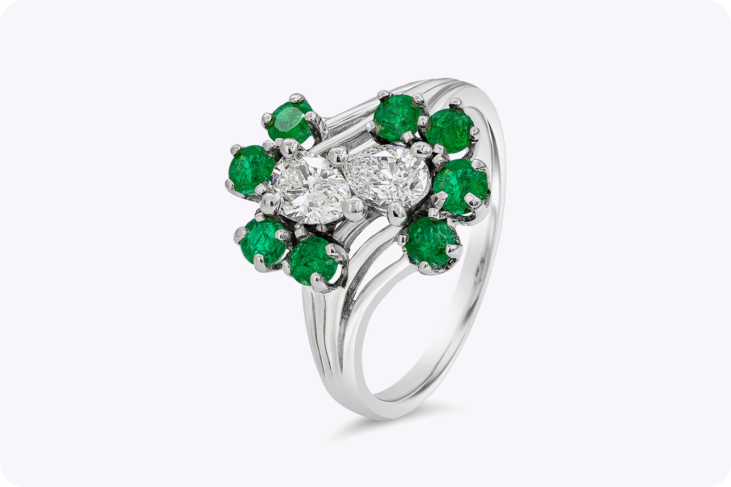 1.05 Carats Total Pear Shape Diamond & Emerald Fashion Ring in White Gold