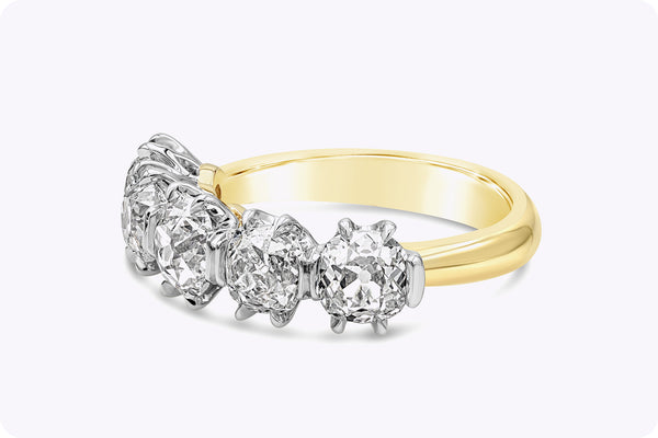 2.96 Carats Total Old Mine Cut Diamond Five-Stone Wedding Band in Yellow Gold