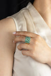 4.50 Carats Oval Cut Green Emerald and Round Diamond Fashion Ring in White and Yellow Gold