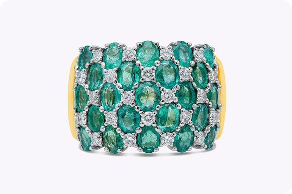 4.50 Carats Oval Cut Emerald & Diamond Alternating Fashion Ring in Two-Tone