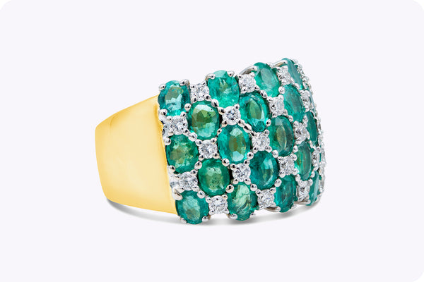 4.50 Carats Oval Cut Emerald & Diamond Alternating Fashion Ring in Two-Tone