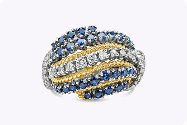 1.90 Carats Total Round Brilliant Cut Diamond & Sapphire Dome Fashion Ring in Yellow Gold