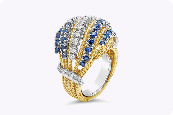 1.90 Carats Total Round Brilliant Cut Diamond & Sapphire Dome Fashion Ring in Yellow Gold