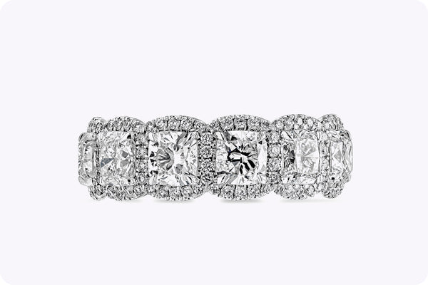 GIA Certified 4.96 Carats Cushion Cut Diamond Halo Eternity Wedding Band in Platinum