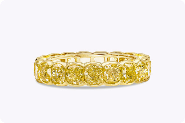 6.25 Carats Total Cushion Cut Fancy Intense Yellow Diamond Eternity Wedding Band in Yellow Gold