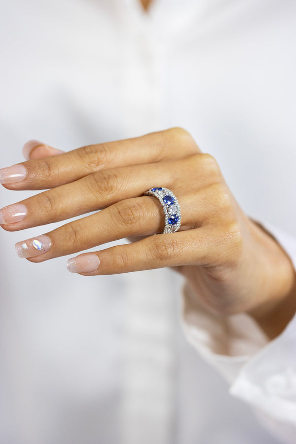 4.04 Carats Total Alternating Cushion Cut Diamonds & Sapphire Seven Stone Ring in White Gold