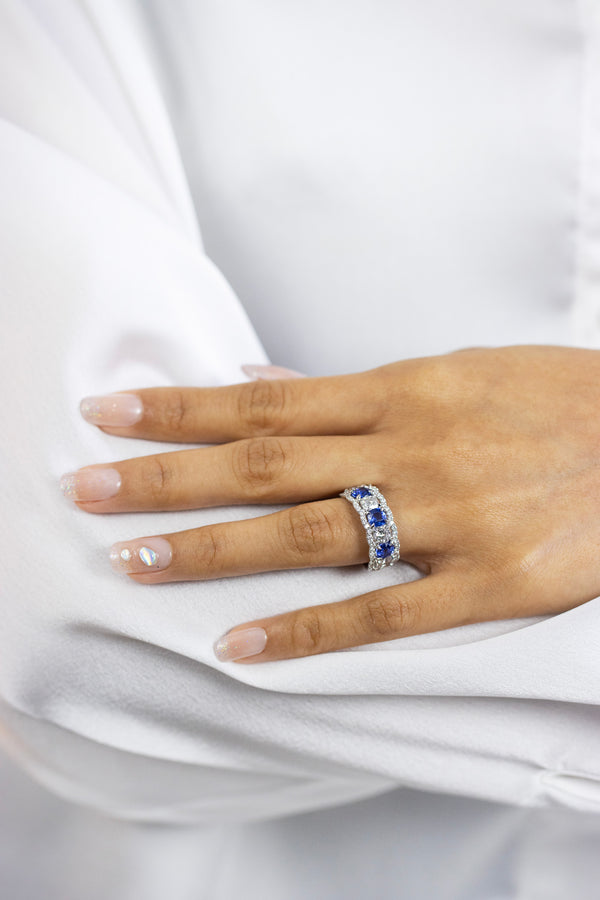 4.04 Carats Total Alternating Cushion Cut Diamonds & Sapphire Seven Stone Ring in White Gold