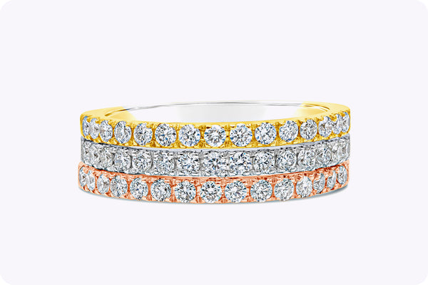 1.01 Carat Total Round Diamond Three-Row Stacked Wedding Band Ring in Tri-Color Gold